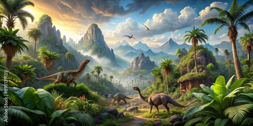 Fototapeta Naklejka Na Ścianę i Meble -  A Digital Painting of Two Dinosaurs in a Lush Jungle with Mountains in the Background, Digital Art, Jungle, Dinosaurs, Prehistoric,