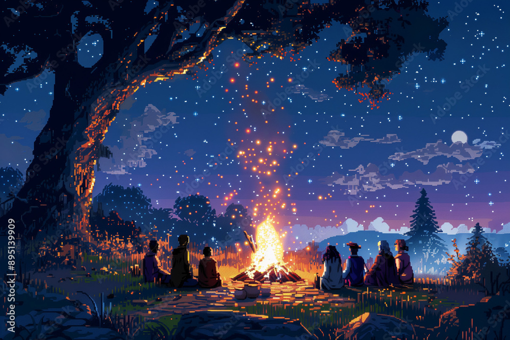 Quest characters sitting around a bonfire at night. Pixel art 8-bit computer game fantasy illustration. Quest characters sitting around a bonfire at night. Pixel art 8-bit computer game fantasy illustration.