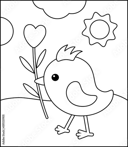 Coloring page. Bird is walking on a lawn. Black and white nestling. Vector