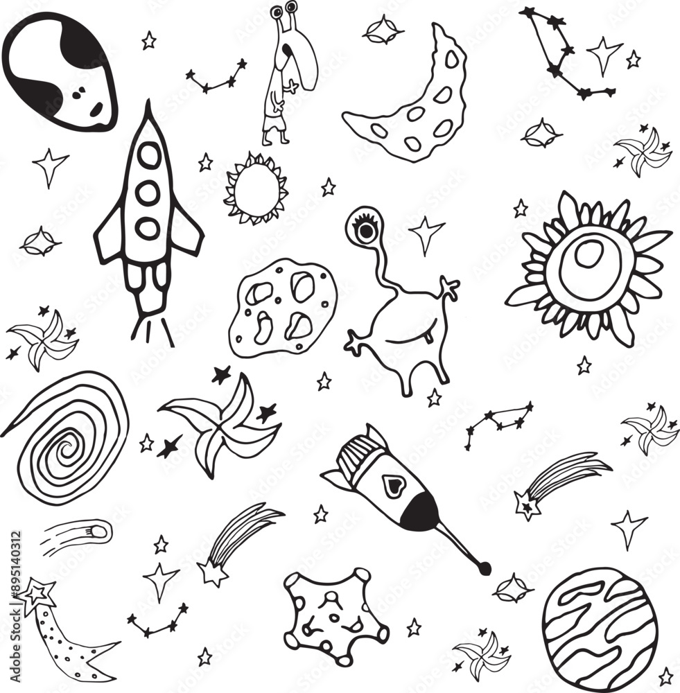 Obraz premium Hand drawn solar system with sun, planets, asteroids and other outer space objects.