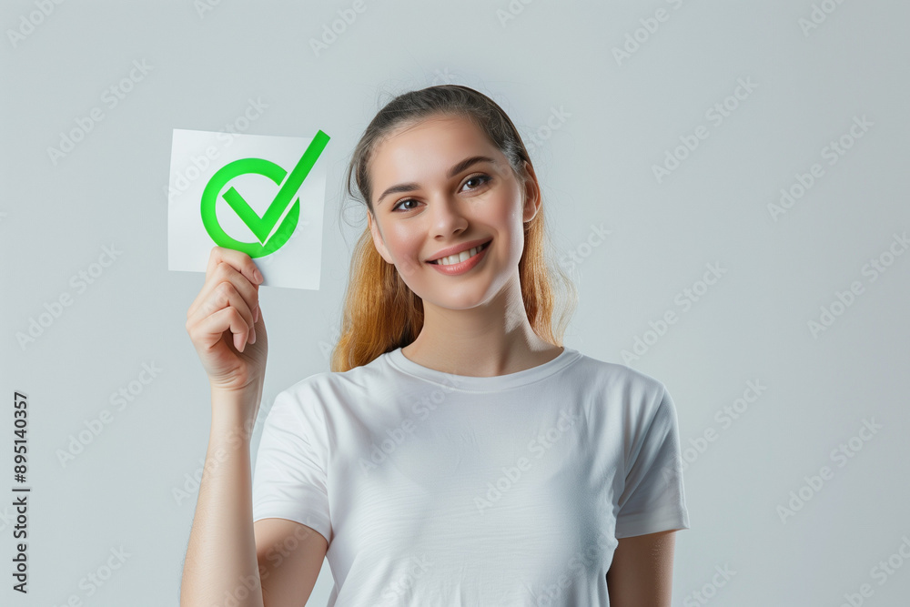 Isolated Woman on Blank White Background Holding Green Check Mark Generative Illustration Isolated Woman on Blank White Background Holding Green Check Mark Generative Illustration