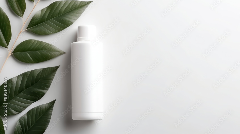 Cosmetic bottle on white background with green leaves Cosmetic bottle on white background with green leaves