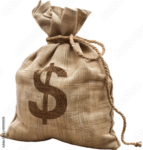 A burlap sack with a dollar sign printed on the front. The sack is tied closed with a rope. Isolated on a white or transparent background.