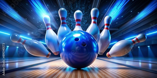 Bowling Ball Strikes Pins in Blue Light, 3D Rendering, Bowling, Bowling Alley, Strike, ,