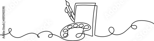 Brushes, painting palette and canvas. Continuous one line drawing.