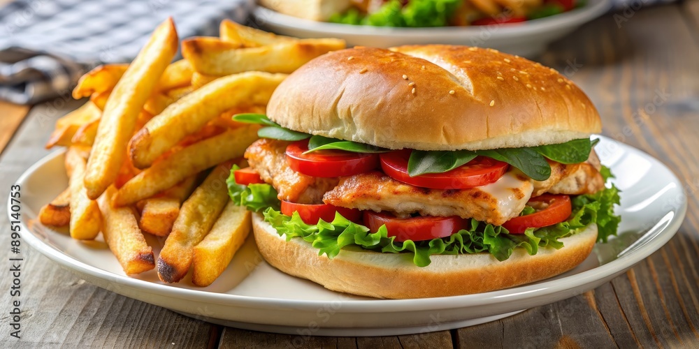 Chicken Burger with Sesame Seed Bun and Fries, burger , sandwich , fast food , meal Chicken Burger with Sesame Seed Bun and Fries, burger , sandwich , fast food , meal
