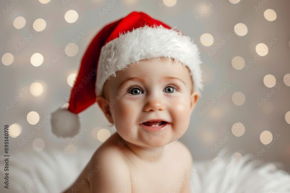 Capture the charm of an adorable baby in a Santa hat for a Christmasthemed photoshoot filled with joy and festive cheer, creating a joyful and magical memory of the holiday season