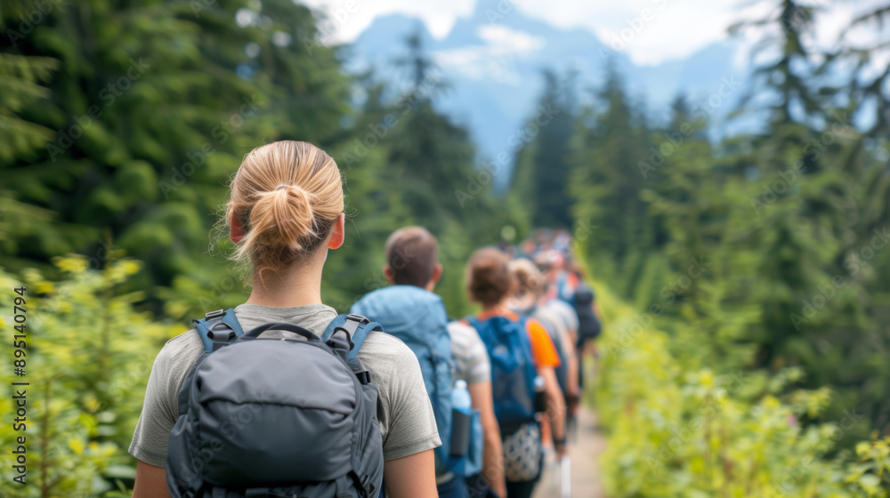 Popular hiking trail with a long line of hikers, dense forest on either side, mountains in the distance, everyone wearing backpacks Popular hiking trail with a long line of hikers, dense forest on either side, mountains in the distance, everyone wearing backpacks