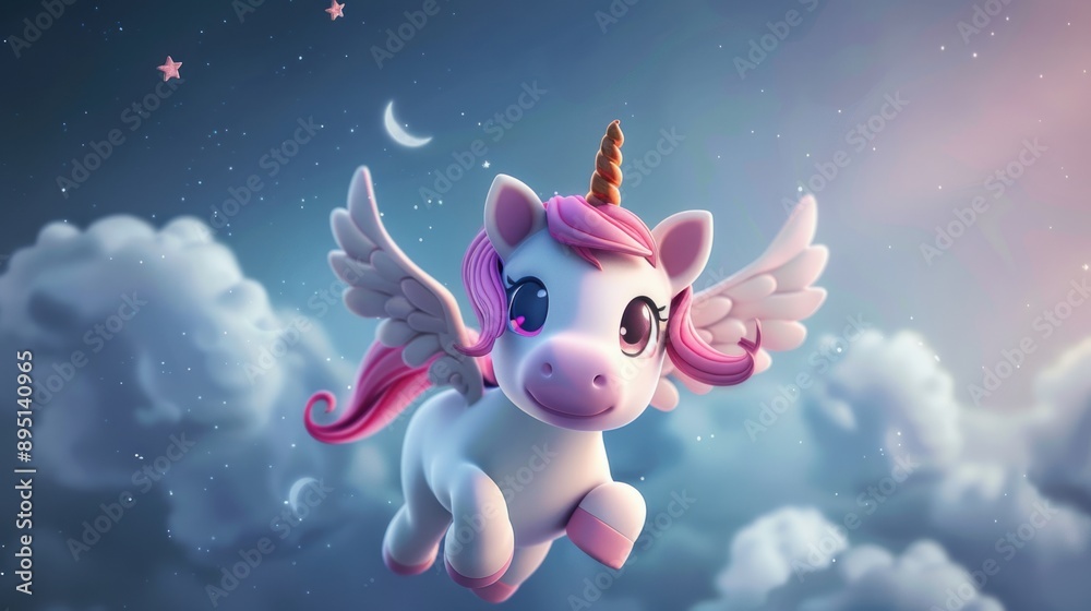 Cute unicorn flying above the clouds Cute unicorn flying above the clouds