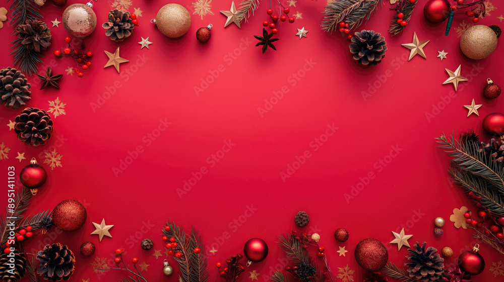 Creative Christmas frame on red background. Xmas and New Year holiday, banner, postcard, invitation, celebration. Flat lay, top view Creative Christmas frame on red background. Xmas and New Year holiday, banner, postcard, invitation, celebration. Flat lay, top view