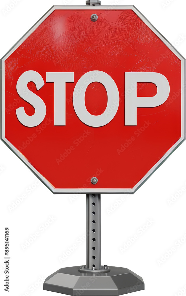 Obraz premium A classic red octagonal stop sign with white lettering. Isolated on transparent or white background.