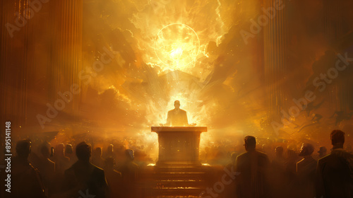 Saint politician giving a speech at a podium, halo glowing above their head, serene expression, surrounded by admiring supporters, heavenly light  photo