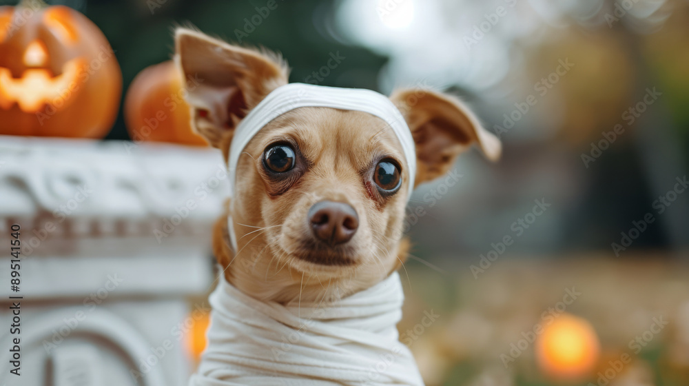 Small dog dressed as a mummy, wrapped in white bandages, standing next to a tombstone and Halloween decorations Small dog dressed as a mummy, wrapped in white bandages, standing next to a tombstone and Halloween decorations