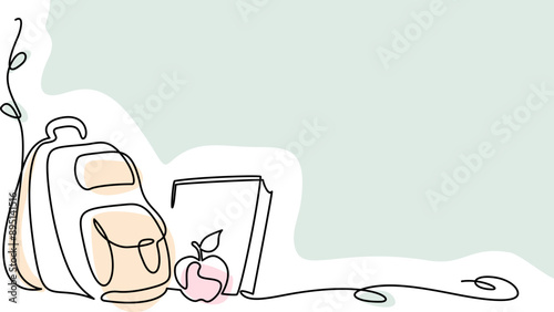 Back to school decoration. Continuous one line drawing of apple and backpack