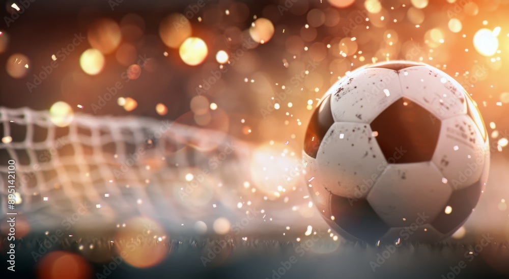 Fototapeta premium Soccer Ball In Net With Sparkles