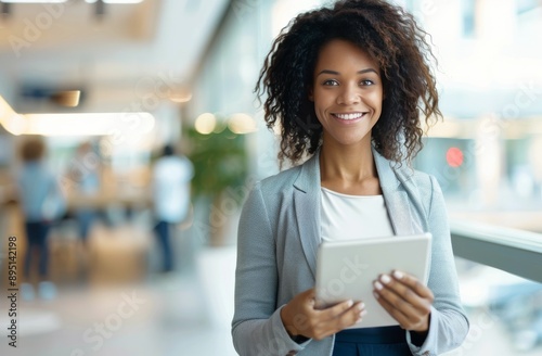 Smiling Woman Using Tablet In Office