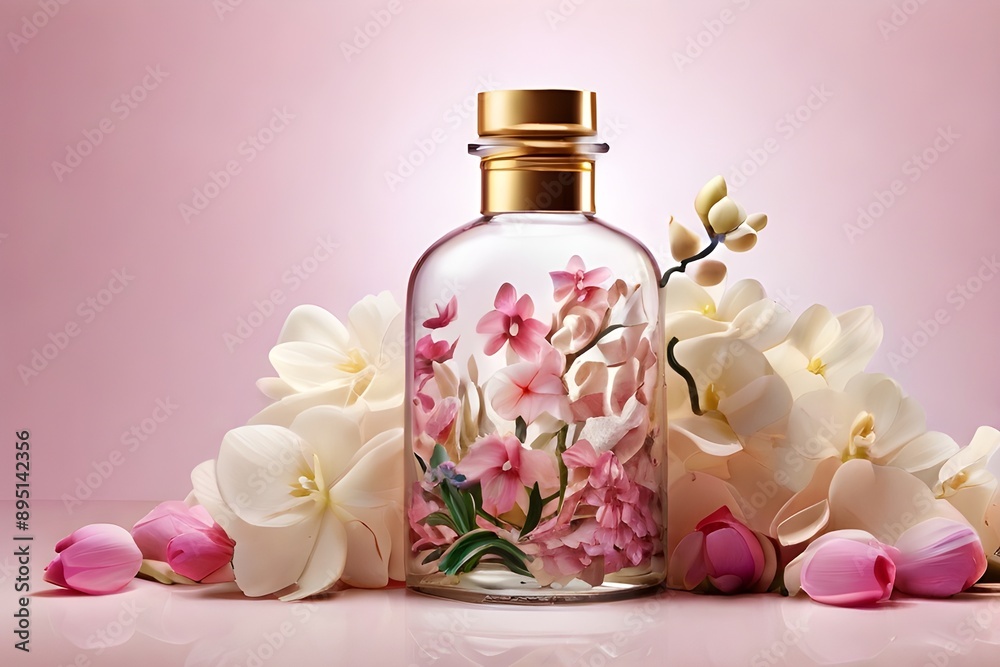 Breathtaking surreal image of a bottle made of dozens of tiny and stunning orchid flowers, a feeling of deep and delightful relaxation. The bottle is completely isolated in a smooth baby pink backgrou Breathtaking surreal image of a bottle made of dozens of tiny and stunning orchid flowers, a feeling of deep and delightful relaxation. The bottle is completely isolated in a smooth baby pink backgrou