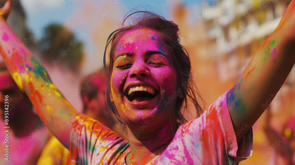 Woman Covered in Holi Colors Smiling. Woman Covered in Holi Colors Smiling.