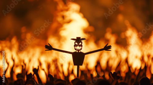 Traditional Guy Fawkes effigy burning on a bonfire, crowd cheering, glowing embers, night sky  photo
