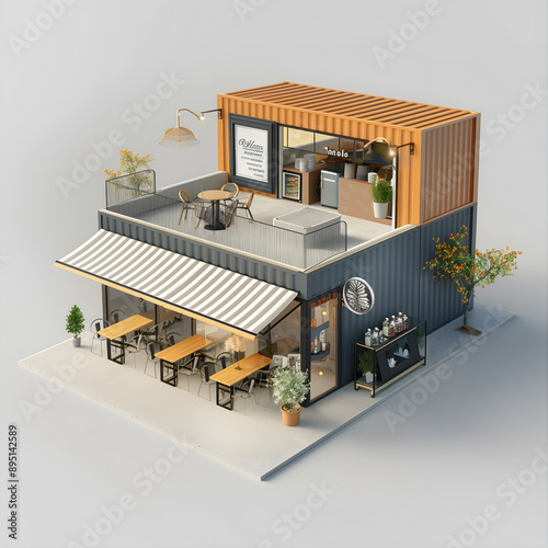 Isometric view minimal box cafe restaurant container store exterior building architecture, 3d rendering digital art
