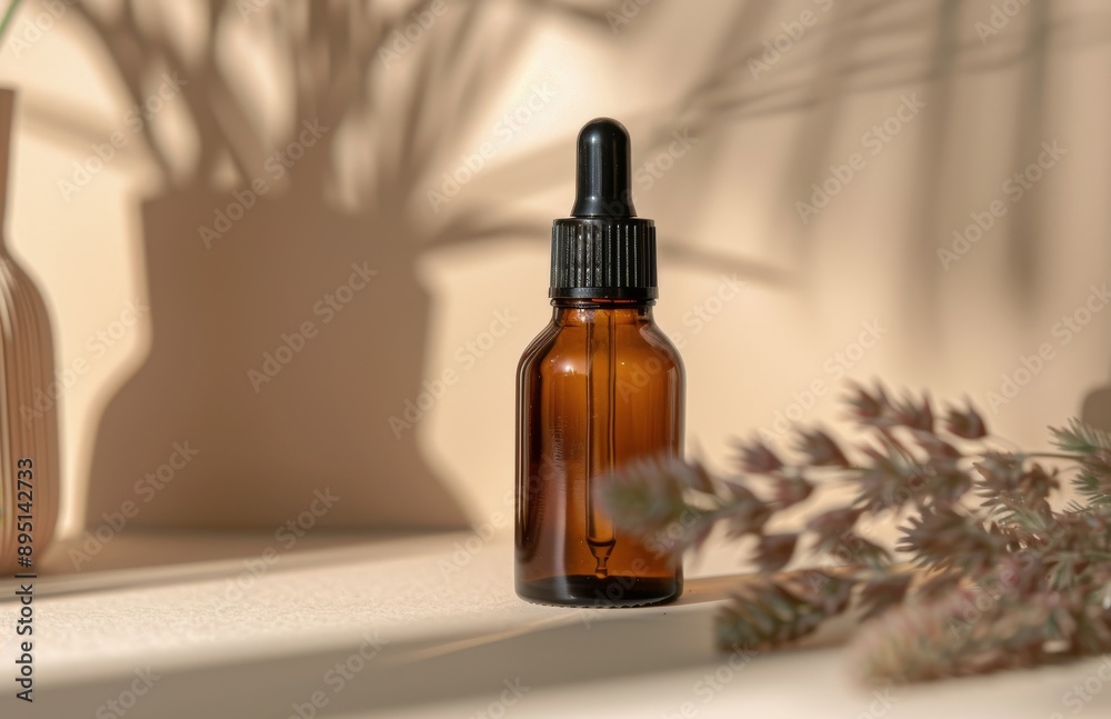 Amber Bottle With Dropper on White Table Amber Bottle With Dropper on White Table