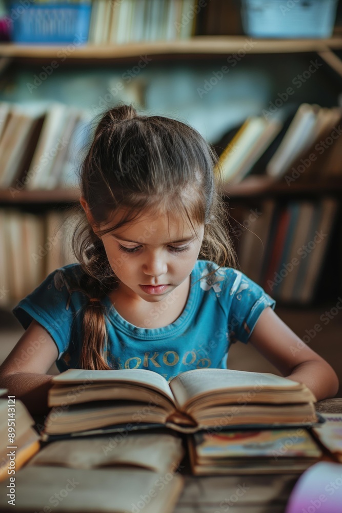 Young Girl Reading Book in Library. Young Girl Reading Book in Library.