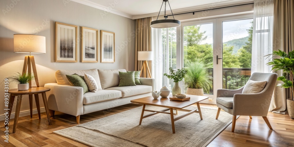 Modern Living Room Design with Neutral Tones and Greenery, White Sofa, Beige Rug, Wooden Floor, Interior Design, Home Decor, Living Room Modern Living Room Design with Neutral Tones and Greenery, White Sofa, Beige Rug, Wooden Floor, Interior Design, Home Decor, Living Room