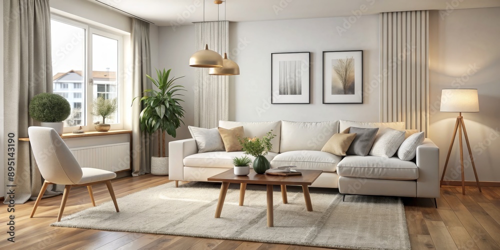 Modern Living Room Interior Design with White Sofa, Gold Pendant Lights, and Wooden Floor, interior design, living room, sofa, modern home Modern Living Room Interior Design with White Sofa, Gold Pendant Lights, and Wooden Floor, interior design, living room, sofa, modern home
