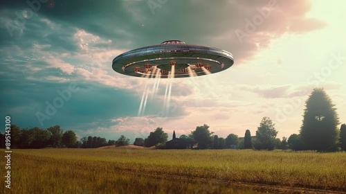 UFO landing in a field, morning time.