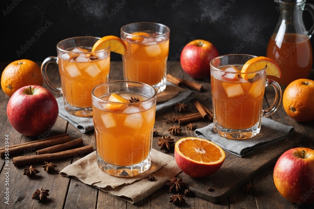 Apple cider cocktail with red oranges and spices in glasses and jug on table. Concept of autumn and winter drinks. Apple cider cocktail with red oranges and spices in glasses and jug on table. Concept of autumn and winter drinks.