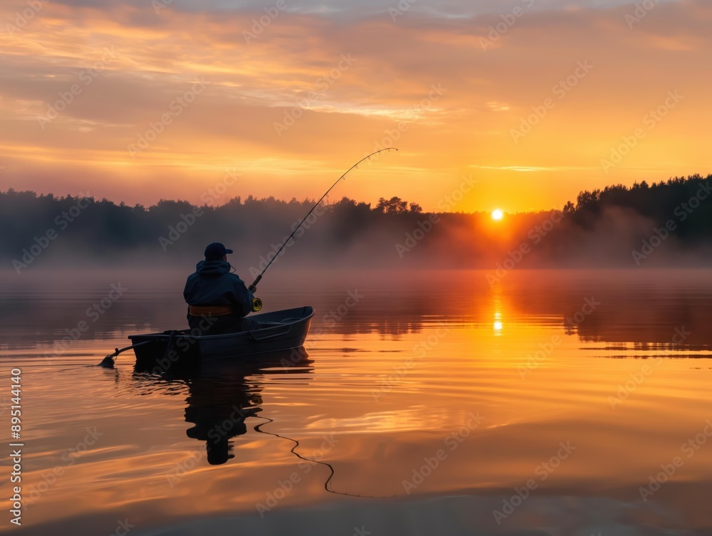 Fisherman in a Boat at Sunset. Fisherman in a Boat at Sunset.