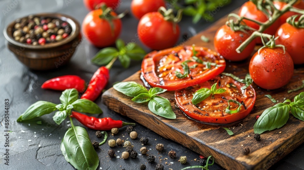 Fresh sliced tomatoes with basil, chili peppers, and peppercorns on a wooden board, perfect for gourmet cooking and healthy meals. Fresh sliced tomatoes with basil, chili peppers, and peppercorns on a wooden board, perfect for gourmet cooking and healthy meals.