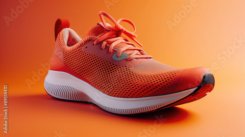 Stability and cushion running shoes. New unbranded running sneaker or trainer on orange background. Men's sport footwear. Pair of sport shoes.