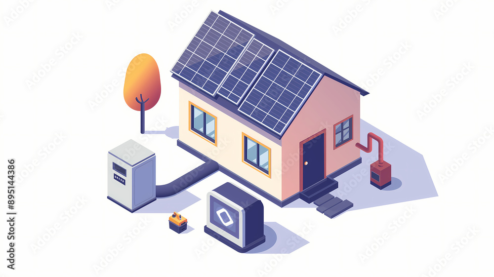 Isometric illustration of energy effective house with solar panels on the roof, battery and inverter. Smart home with solar panels. Solar cell home system diagram isometric Isometric illustration of energy effective house with solar panels on the roof, battery and inverter. Smart home with solar panels. Solar cell home system diagram isometric