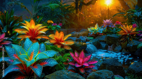 Beautiful twilight garden with vibrant tropical flowers, lush green plants, and a gentle stream under warm, soft lighting. © weerasak