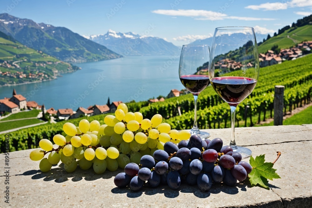 Obraz premium Wine and grapes, lake and summer mountains landscape backgrouund