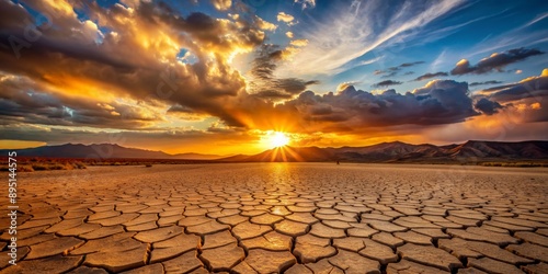 Sunburst Over Cracked Earth, Desert Landscape, Golden Hour, Nature, Photography, desert, sunset