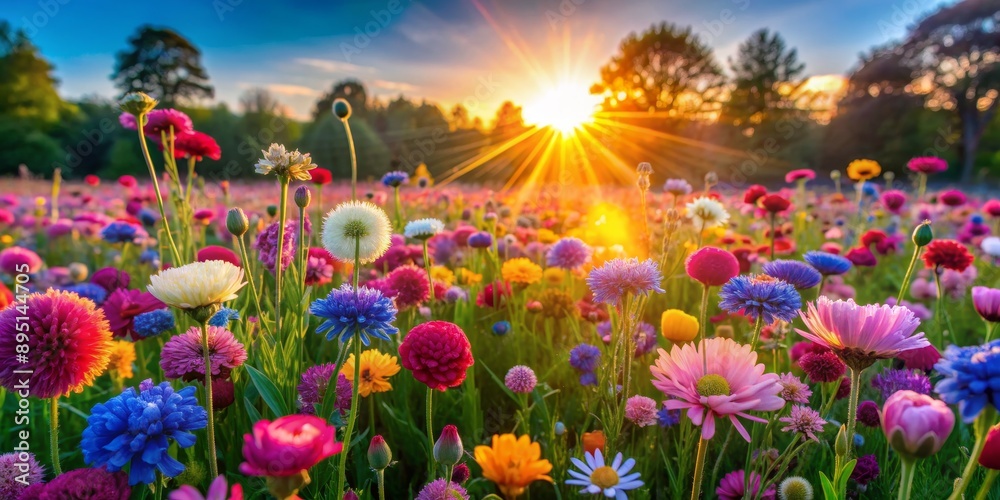Sunset Glow on a Field of Wildflowers, Flower Meadow, Sunset, Wildflower, Spring Bloom