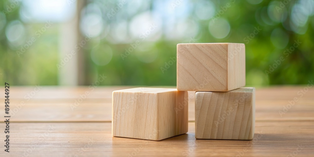 Three Wooden Cubes on Wooden Table with Green Bokeh Background, wooden blocks, wood texture, product display, blank space Three Wooden Cubes on Wooden Table with Green Bokeh Background, wooden blocks, wood texture, product display, blank space