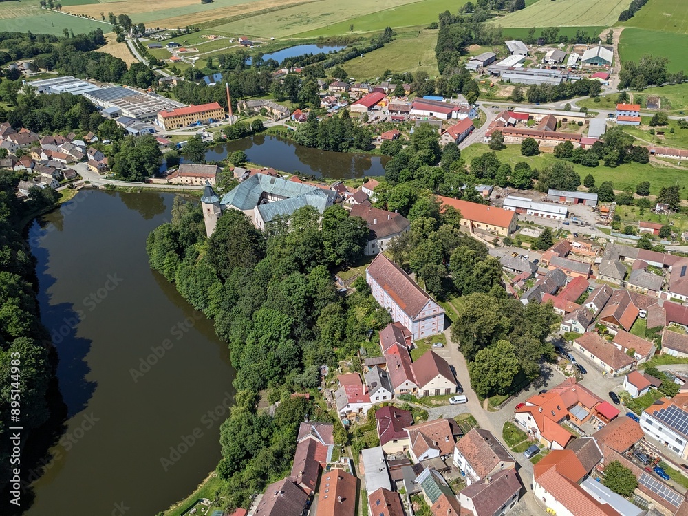 Fototapeta premium Zirovnice castle and Ziorvnice town aerial panorama landscape view,Vysocina region,Bohemia,Czech republic,Europe