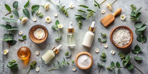 Top View of Natural Spa Products with Eucalyptus and White Flowers, Flatlay, Spa, Products, Natural , Beauty