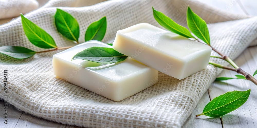 Two White Soap Bars Resting on a White Towel with Green Leaves, Spa, Relaxation, Natural, Hygiene Two White Soap Bars Resting on a White Towel with Green Leaves, Spa, Relaxation, Natural, Hygiene
