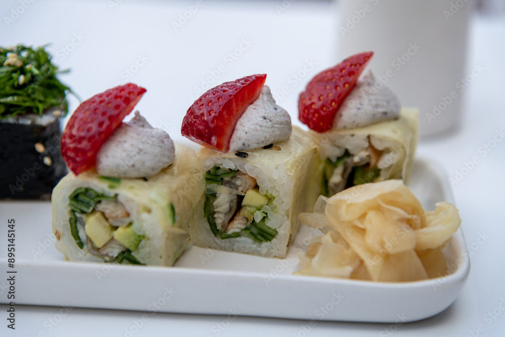 Close-up view of sushi rolls with conger eel meat and strawberry served in plate on white table in sidewalk cafe or street restaurant. Soft focus. Food theme. Close-up view of sushi rolls with conger eel meat and strawberry served in plate on white table in sidewalk cafe or street restaurant. Soft focus. Food theme.
