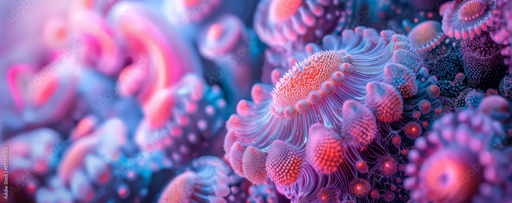 Colourful Exotic Fractal Plant, Underwater Macro Close Up. Aquatic Bio Diversity, Ecology, Natural Neon Glow, Coral, Sponge, Flower, Sample, Specimen, Museum Collection. Header, Banner, Background Colourful Exotic Fractal Plant, Underwater Macro Close Up. Aquatic Bio Diversity, Ecology, Natural Neon Glow, Coral, Sponge, Flower, Sample, Specimen, Museum Collection. Header, Banner, Background