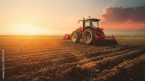 Tractor drives across large field making special beds for sowing seeds into purified soil. Agricultural vehicle works at sunset in countryside. Generative AI