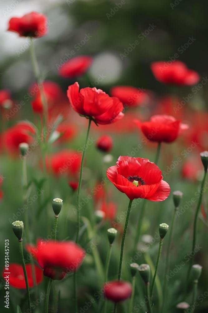 Naklejka premium Red Poppy Flowers in a Field