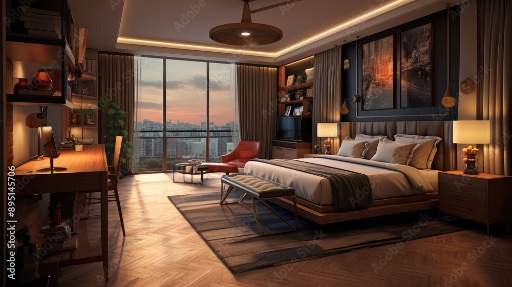 The hotel is five star, beautiful comfortable bedroom with large stained glass windows The hotel is five star, beautiful comfortable bedroom with large stained glass windows