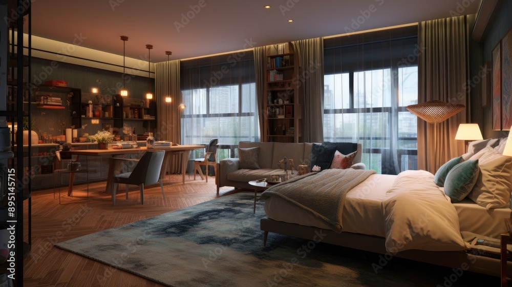Five star hotel one bedroom, beautiful cozy bedroom with large stained glass windows and small kitchenette Five star hotel one bedroom, beautiful cozy bedroom with large stained glass windows and small kitchenette