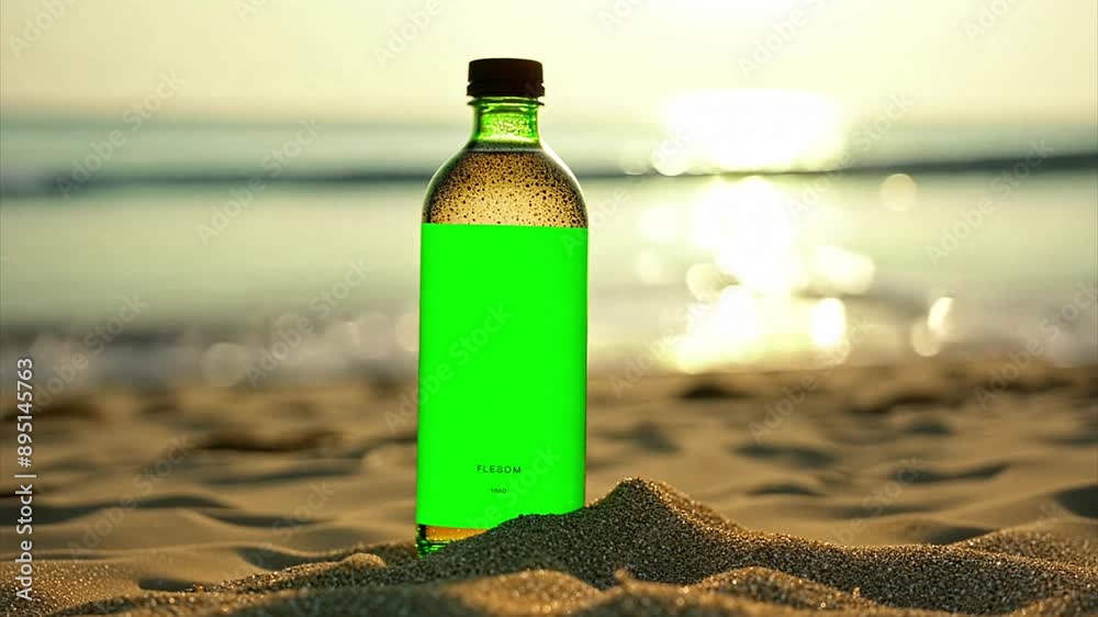 Cold beverage in a glass bottle sitting in sand on a beach at sunset with small breaking waves in the background. The label on the bottle is a chroma key green screen. Cold beverage in a glass bottle sitting in sand on a beach at sunset with small breaking waves in the background. The label on the bottle is a chroma key green screen.