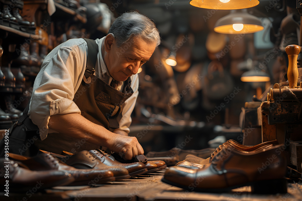 Shoemaker fixing shoes in his workshop full of shoemaking tools Shoemaker fixing shoes in his workshop full of shoemaking tools